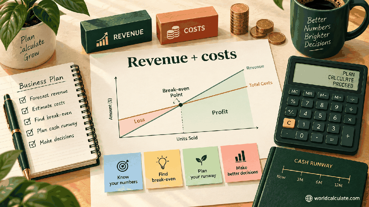 WorldCalculate visual connecting revenue, costs, break-even volume, and cash runway for a business plan for Total-Period Return on Investment