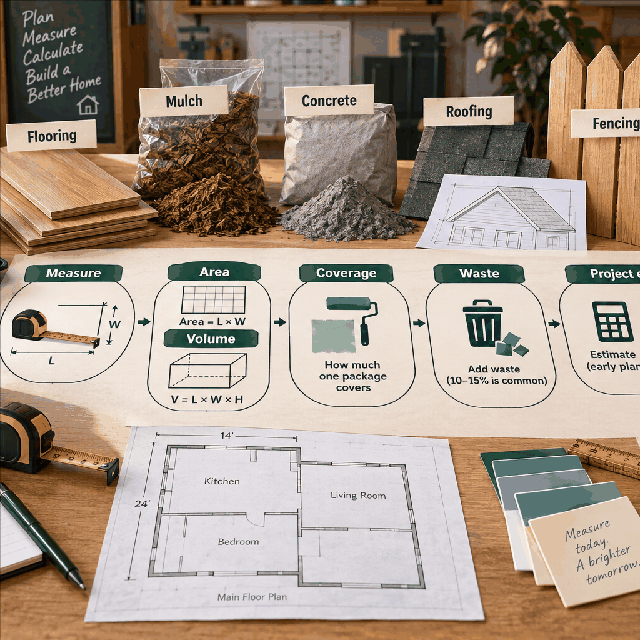 Construction estimate supporting visual Small WorldCalculate visual showing a measured room becoming an area, coverage, waste, and material estimate for Rolling Pipe Offset Calculator
