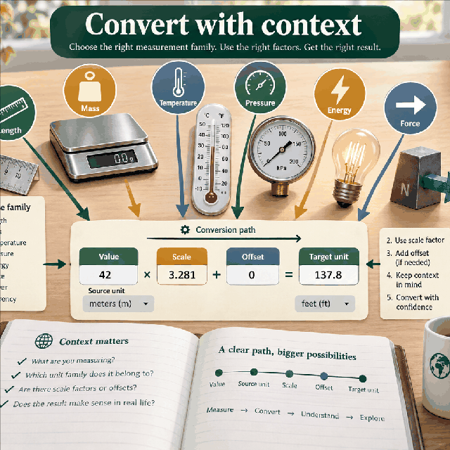 Unit conversion supporting visual Small WorldCalculate visual showing a value moving from source unit through a scale or offset to a target unit for Length Converter
