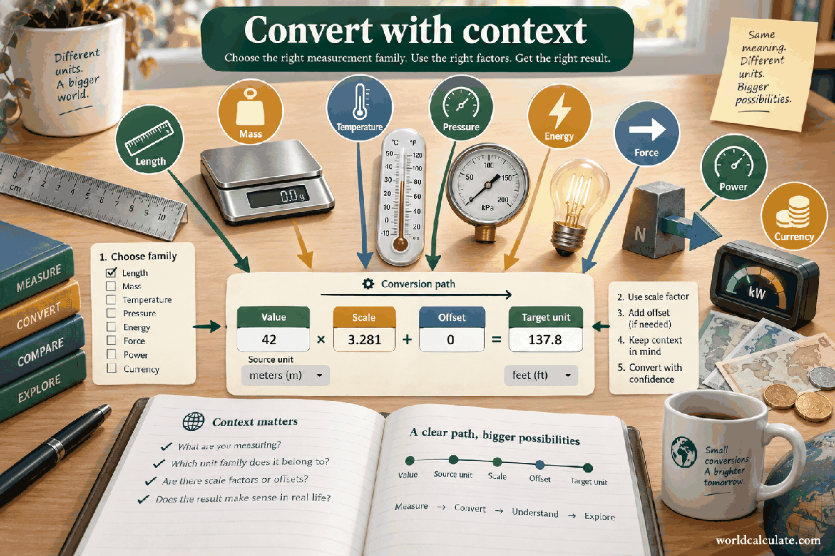 WorldCalculate visual showing value, source unit, scale, offset, target unit, and measurement families for Length Converter