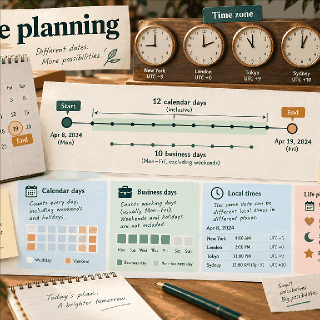 Date and time planning supporting visual Small WorldCalculate visual showing a date interval with endpoint, business-day, and time-zone checks for Age in Completed Years and Days