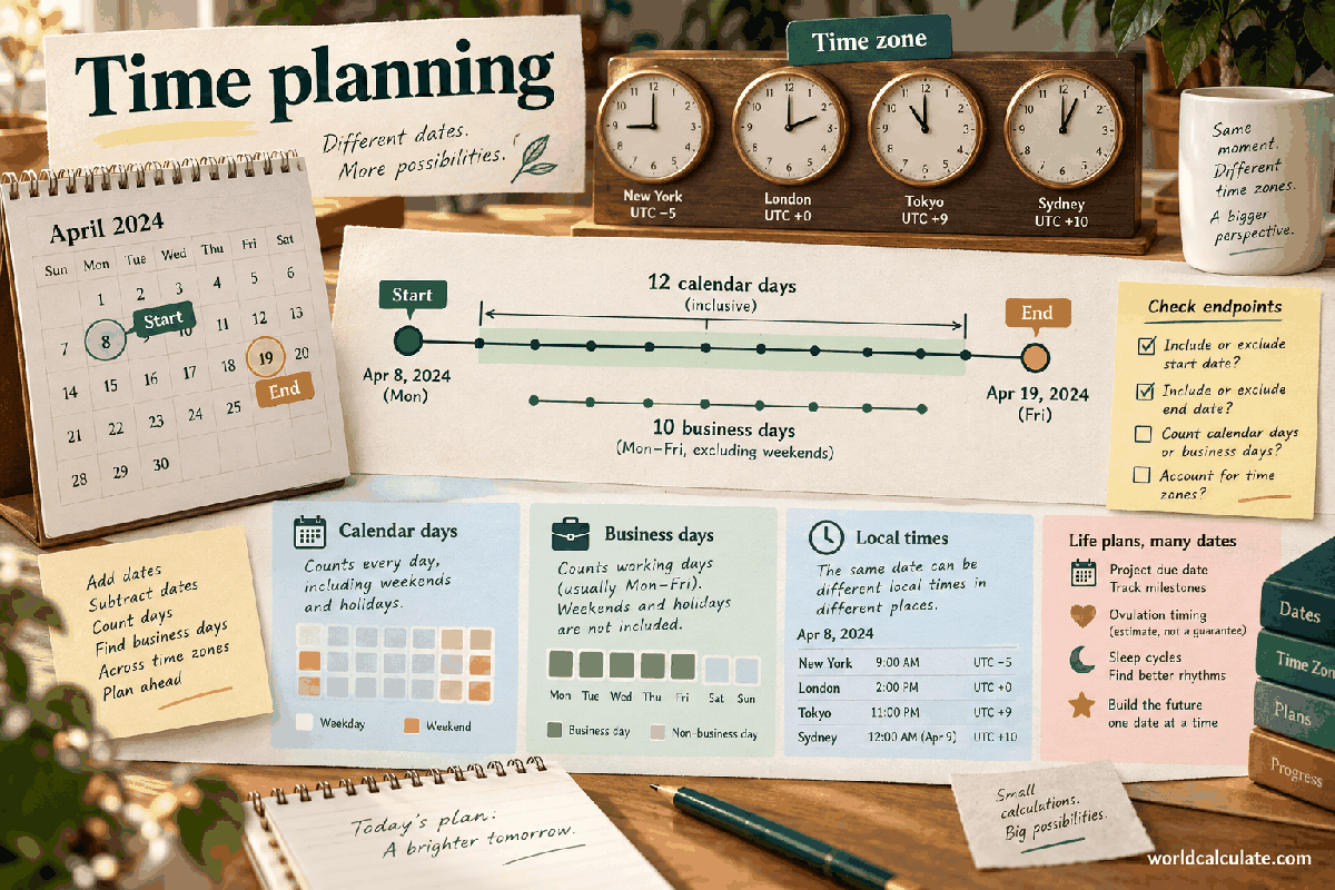 WorldCalculate visual showing start and end dates, calendar days, business days, local times, and time-zone offsets for Age in Completed Years and Days