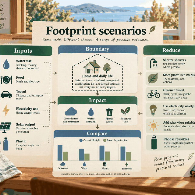 Footprint scenario supporting visual Small WorldCalculate visual showing footprint inputs becoming an impact comparison and reduction choices for Plastic Reduction Avoided-Item Calculator