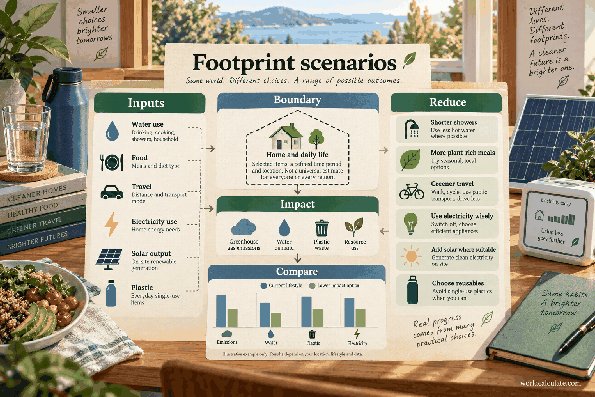 WorldCalculate visual showing a defined footprint boundary, water, food, travel, electricity, plastic, impact, and reduction scenarios for Plastic Reduction Avoided-Item Calculator