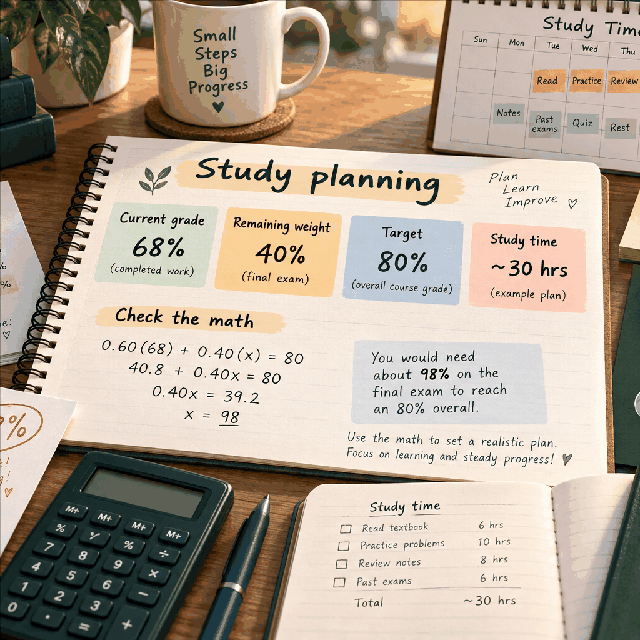 Small WorldCalculate visual showing a current grade and remaining assessment weight leading to a target calculation for Credit-Weighted 4.0 GPA Calculator