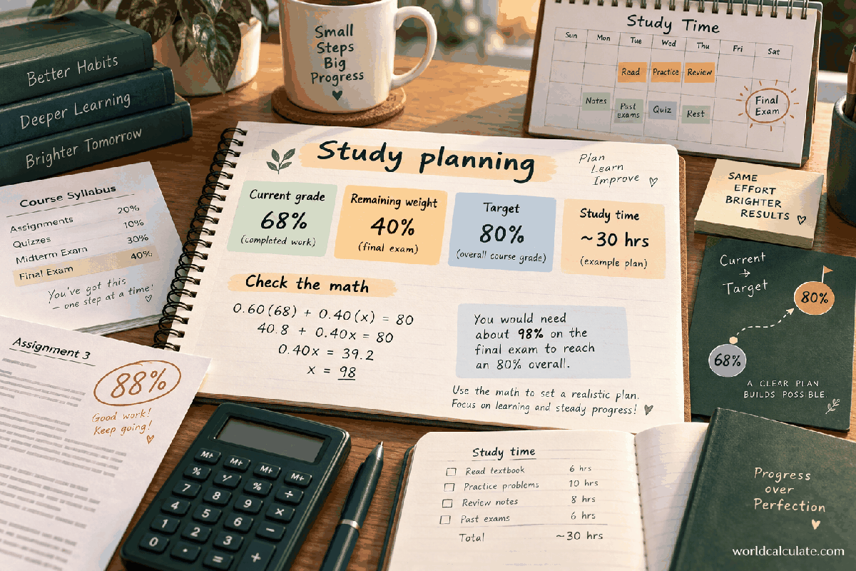 WorldCalculate visual showing current grade, remaining assessment weight, target grade, study time, and a checked equation for Credit-Weighted 4.0 GPA Calculator