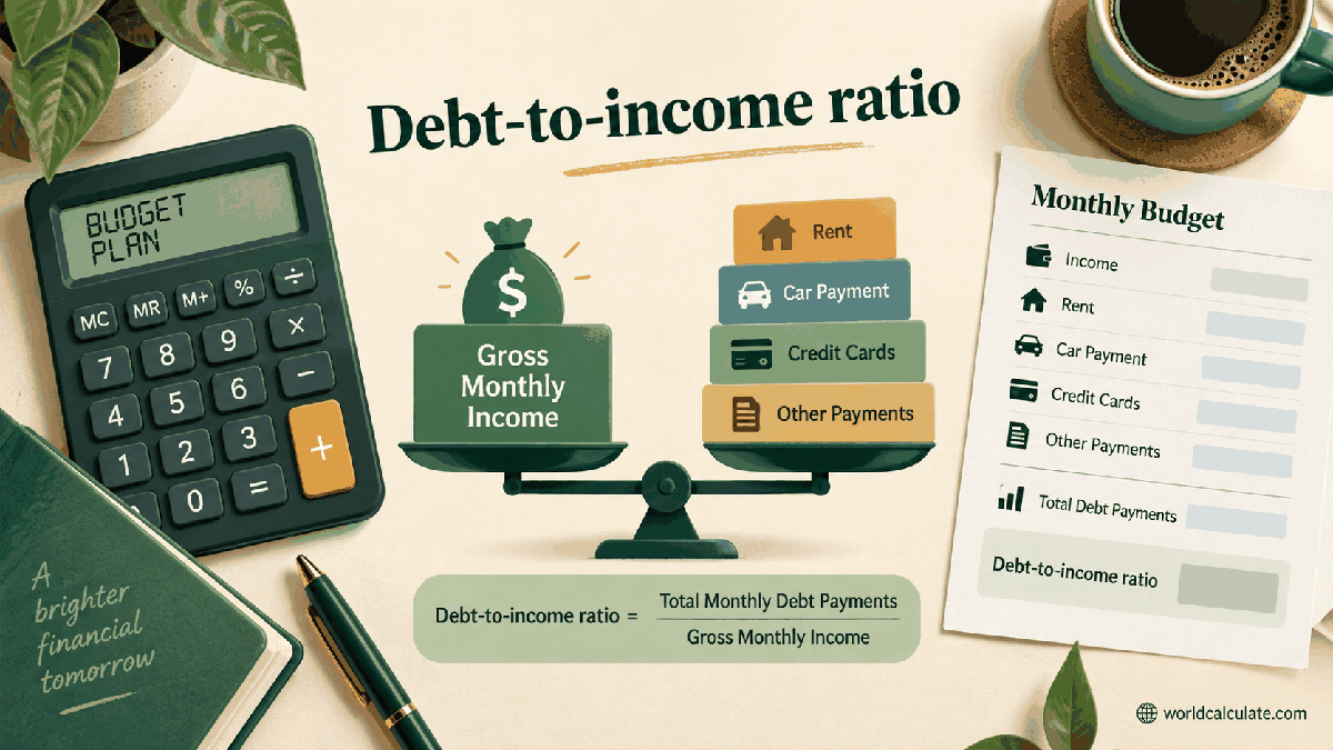 WorldCalculate visual explaining debt-to-income ratio with gross income, recurring payments, and a household budget for Home Purchase Loan and Amortization
