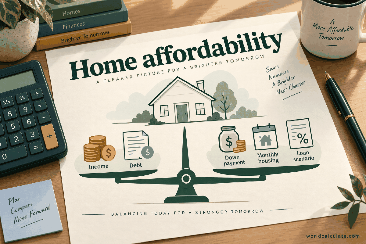 WorldCalculate visual showing income, debt, down payment, monthly housing costs, and a home loan scenario for House Affordability Calculator
