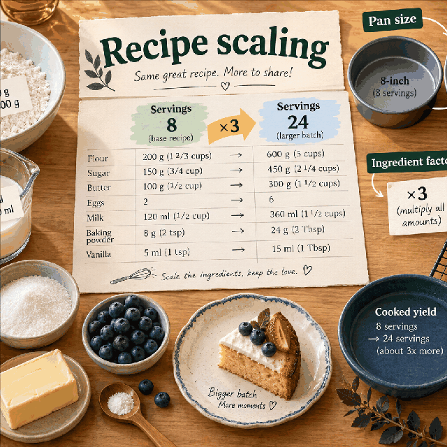 Recipe scaling supporting visual Small WorldCalculate visual showing servings multiplied and ingredient quantities adjusted by the same factor for Cake Serving Calculator