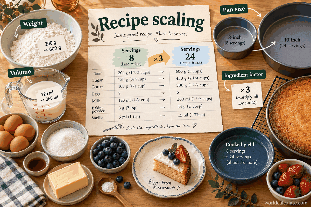 WorldCalculate visual showing a recipe scaled by servings with ingredient weight, volume, and pan-size checks for Cake Serving Calculator