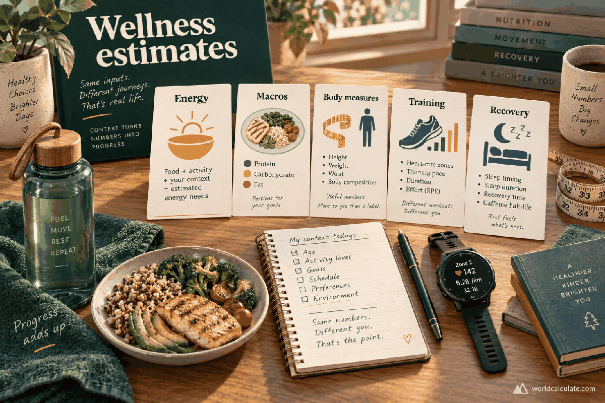 WorldCalculate visual showing energy, macros, body measures, training, recovery, and personal context as wellness estimates for Adult Maintenance Energy Estimate