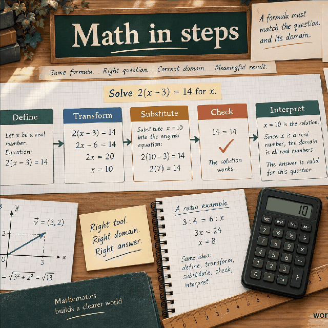 Mathematics steps supporting visual Small WorldCalculate visual showing define, transform, substitute, check, and interpret steps for a math problem for Percentage Calculator