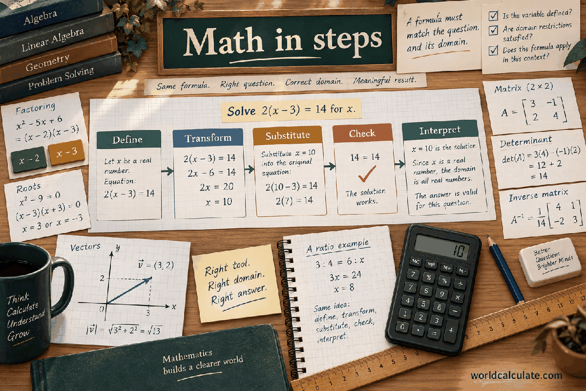 WorldCalculate visual showing equations, factoring, roots, matrices, vectors, substitution, checking, and interpretation for Percentage Calculator