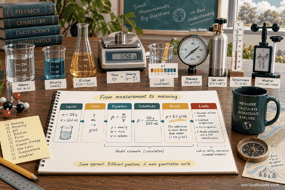 WorldCalculate visual showing scientific measurements flowing through units, an equation, substitution, result, and limits for Angular Acceleration