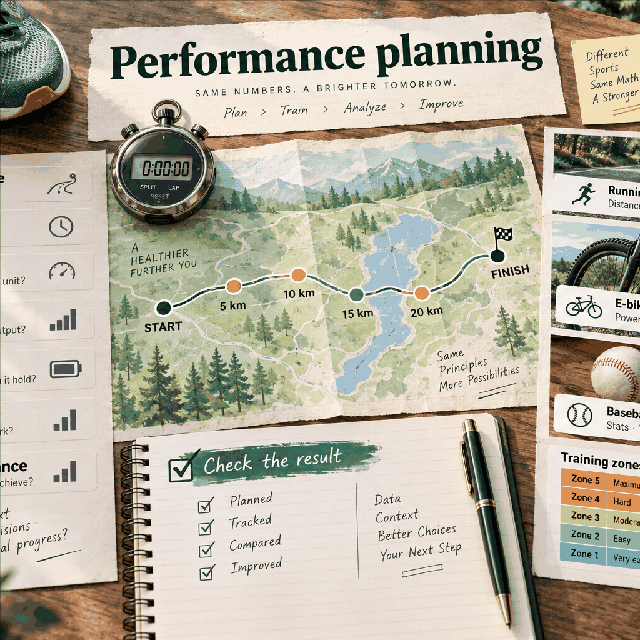 Sports performance supporting visual Small WorldCalculate visual showing route distance, time, pace, power, capacity, and training-zone checks for Batting Average