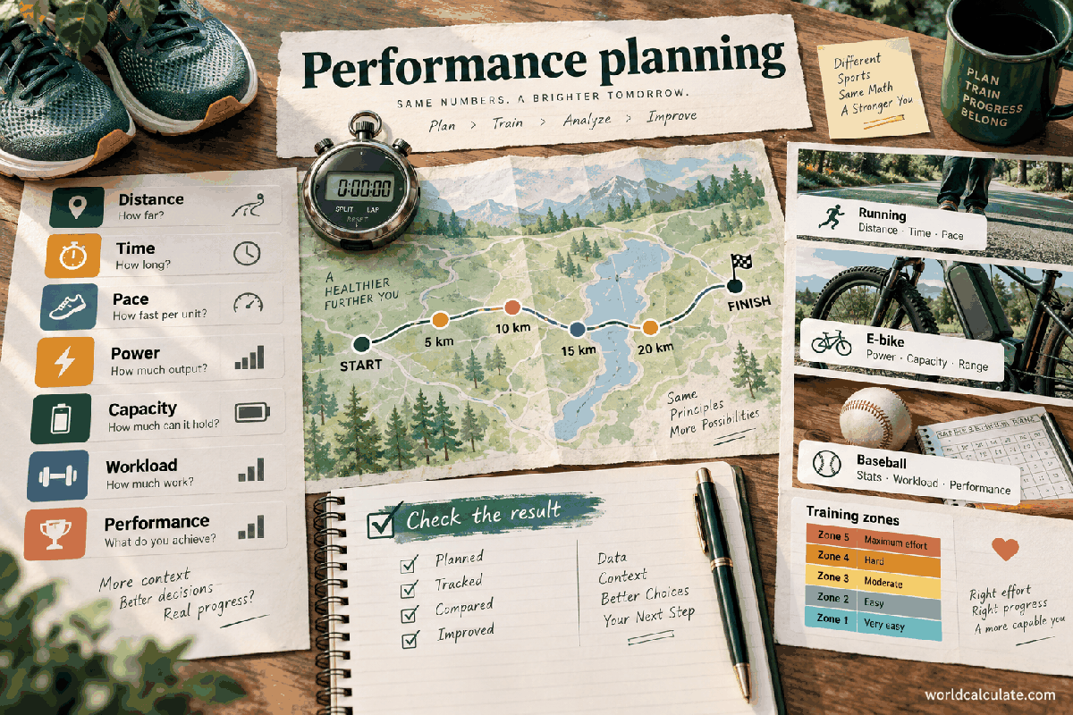 WorldCalculate visual connecting distance, time, pace, power, capacity, workload, training zones, and performance checks for Batting Average