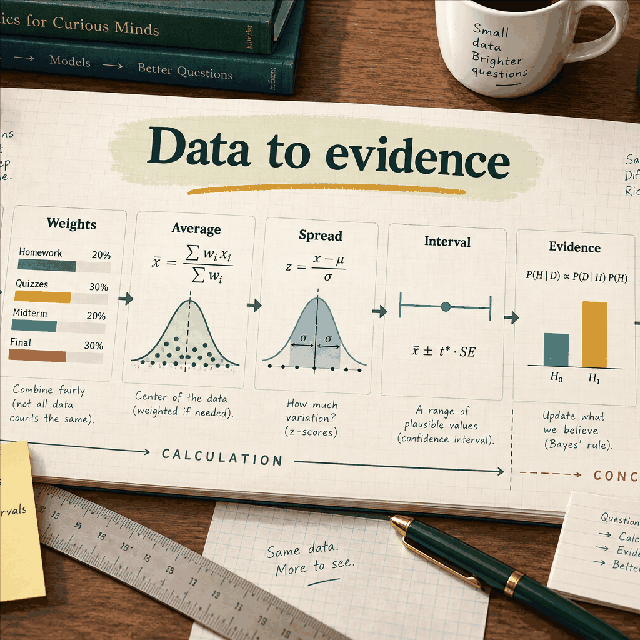 Statistical evidence supporting visual Small WorldCalculate visual showing data moving through average, spread, interval, evidence, and interpretation for Binomial Probability