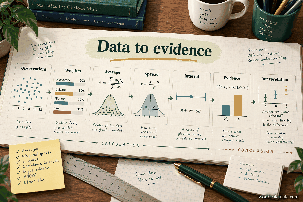 WorldCalculate visual connecting observations, weights, average, spread, confidence interval, evidence, and interpretation for Binomial Probability