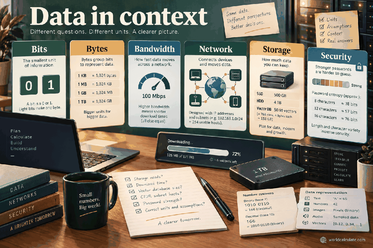 WorldCalculate visual separating bits, bytes, bandwidth, network capacity, storage, and password-security estimates for 3D Render Time